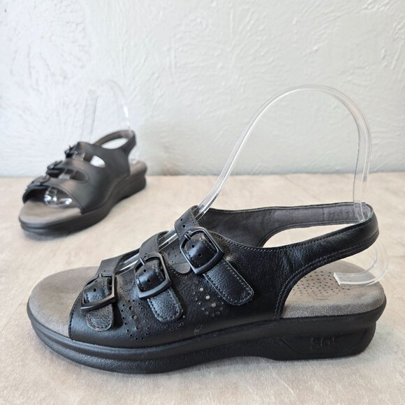 Sas Comfort Dad Sandals 6 Black Leather Retro Strappy Buckle Walking Open Toe - Picture 1 of 10